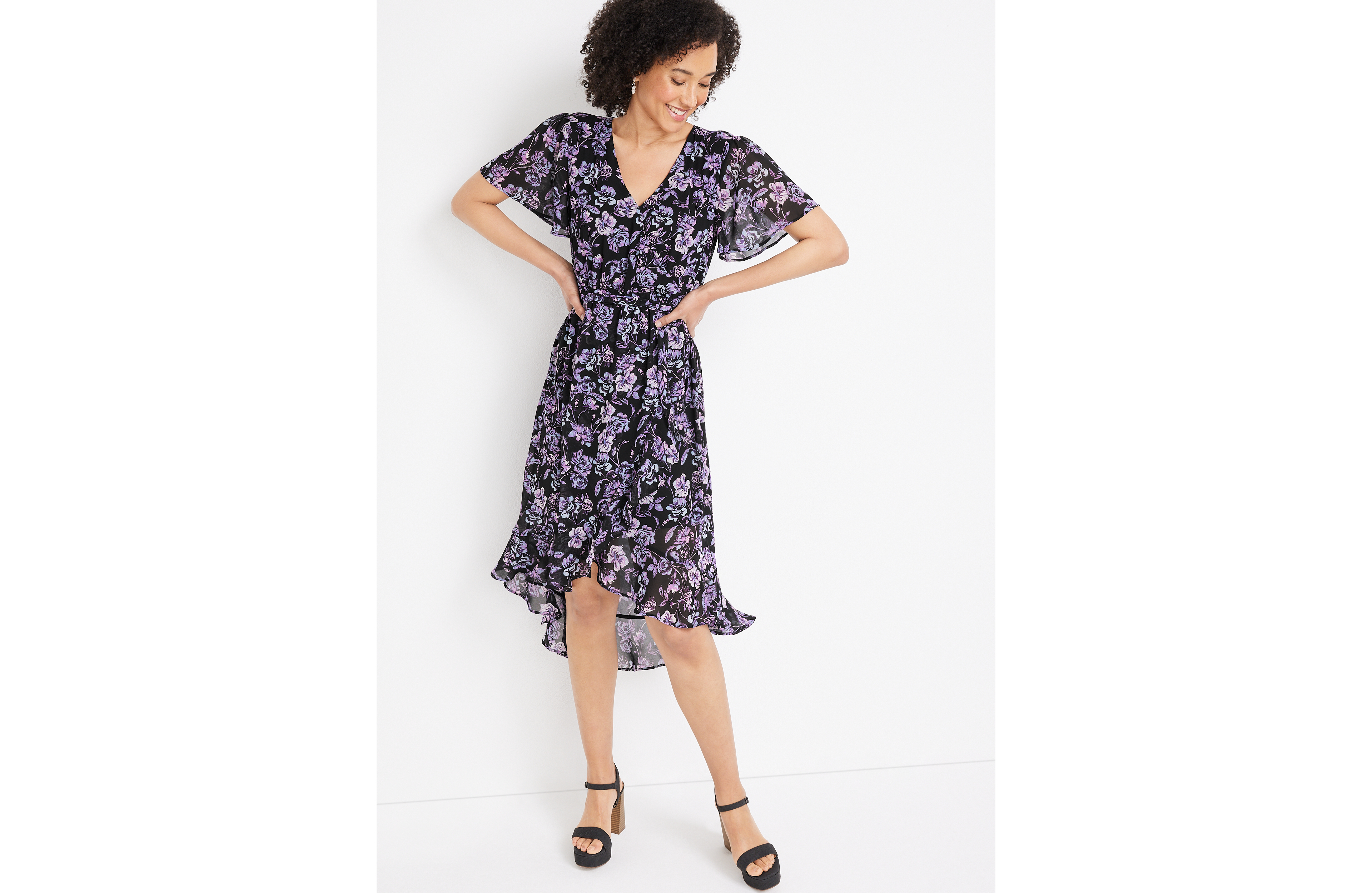 Black Floral Wrap Midi Dress