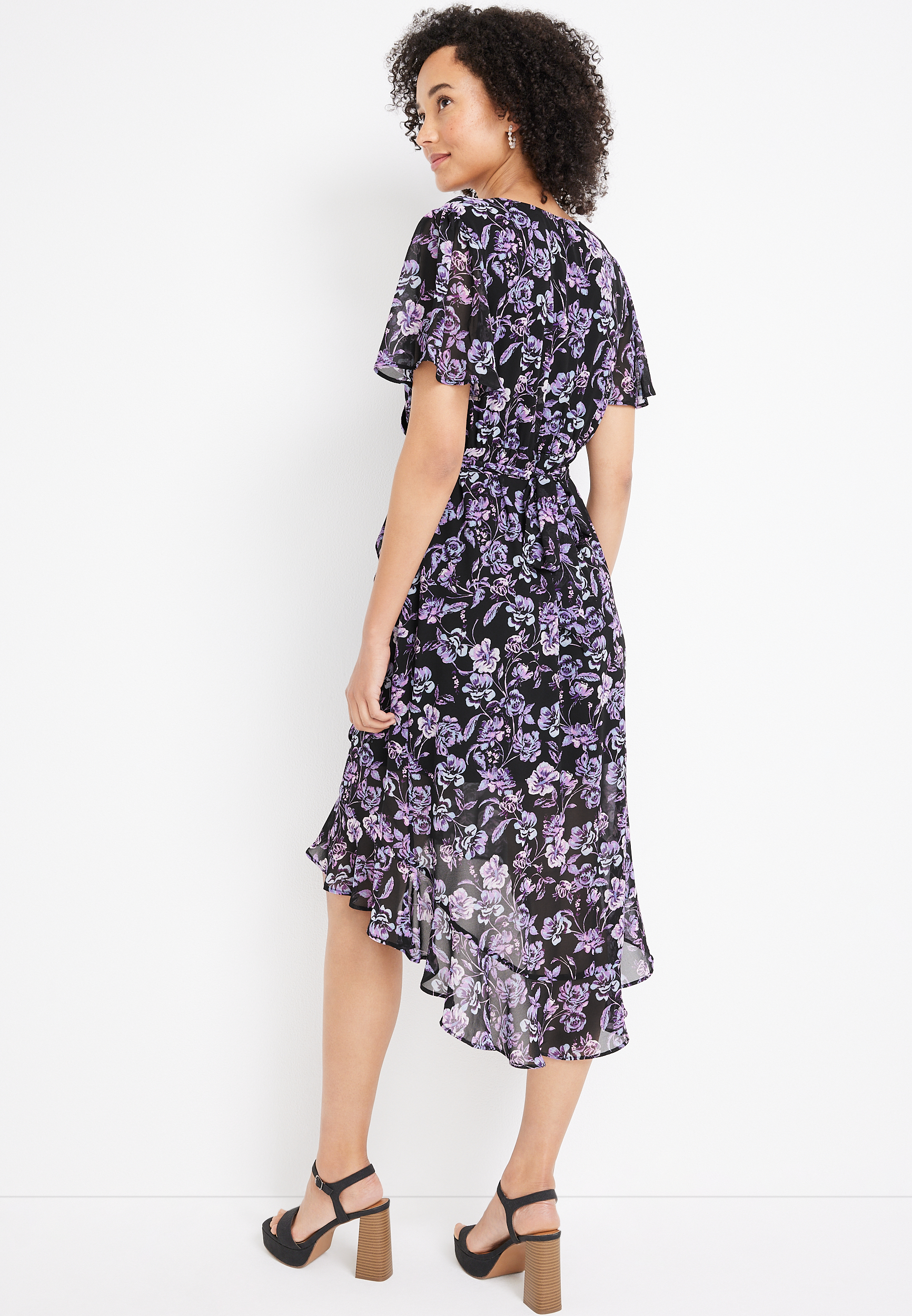 Black Floral Wrap Midi Dress, C1756, large