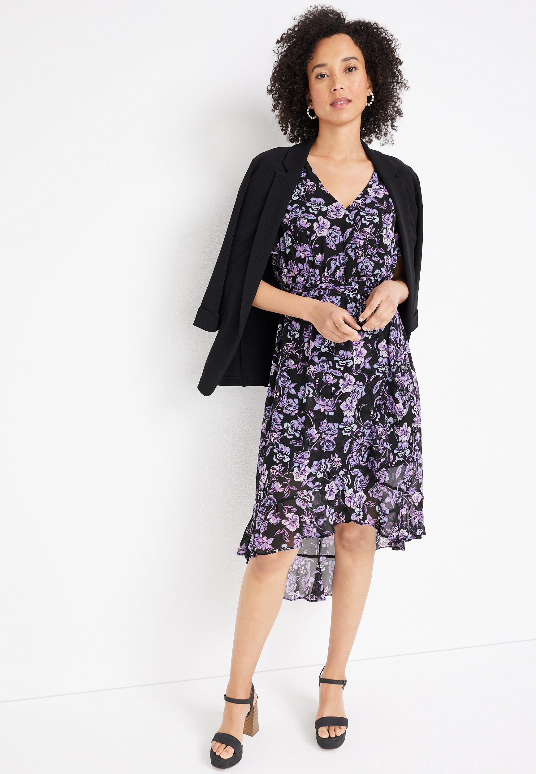 Black Floral Wrap Midi Dress, C1756, large