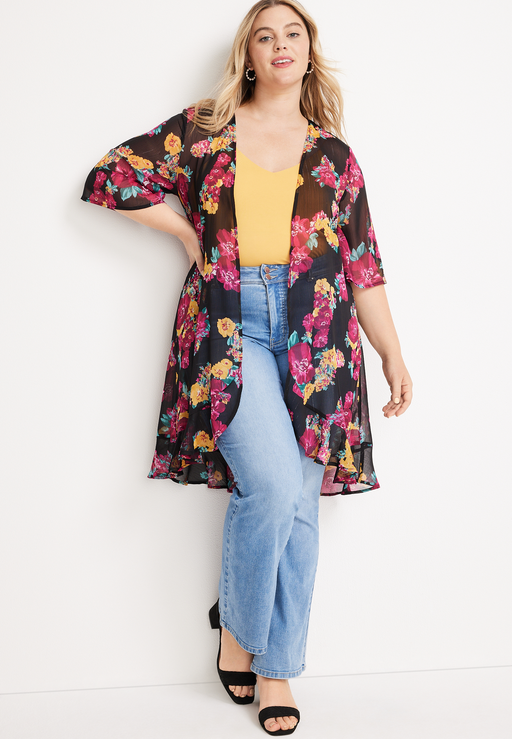 Plus Size Floral Ruffle Hem Kimono