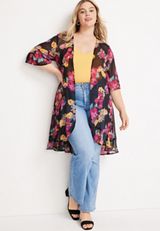 Plus Size Floral Ruffle Hem Kimono, C1756, small