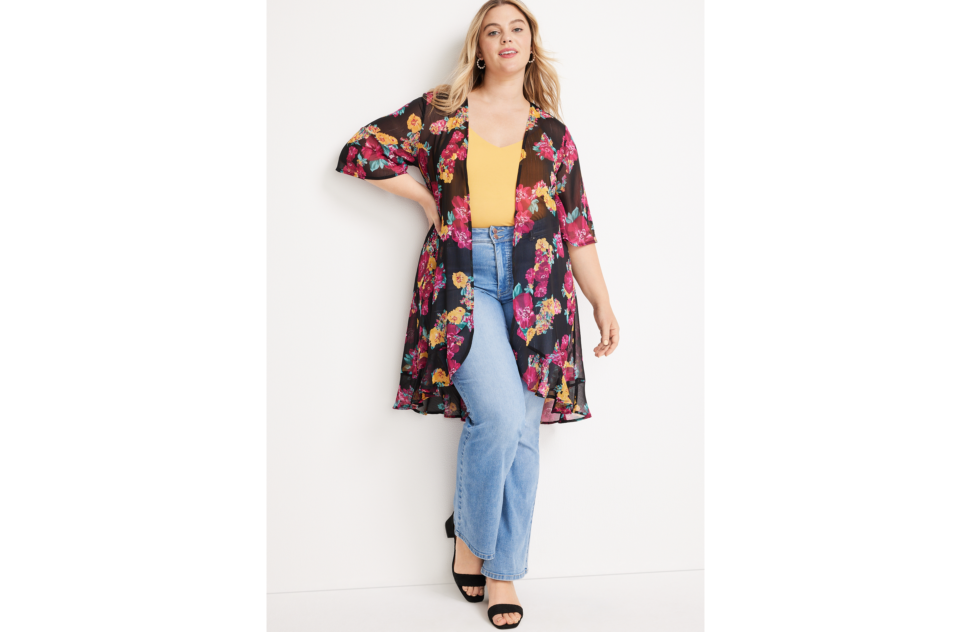 Plus Size Floral Ruffle Hem Kimono