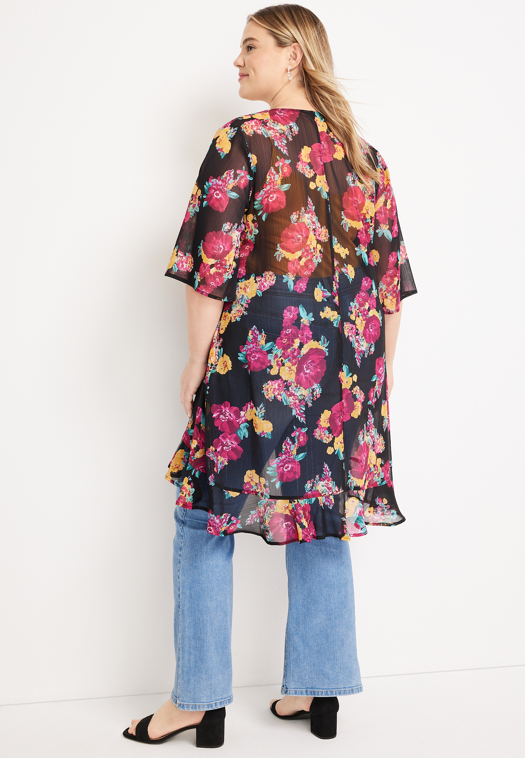 Plus Size Floral Ruffle Hem Kimono, C1756, large