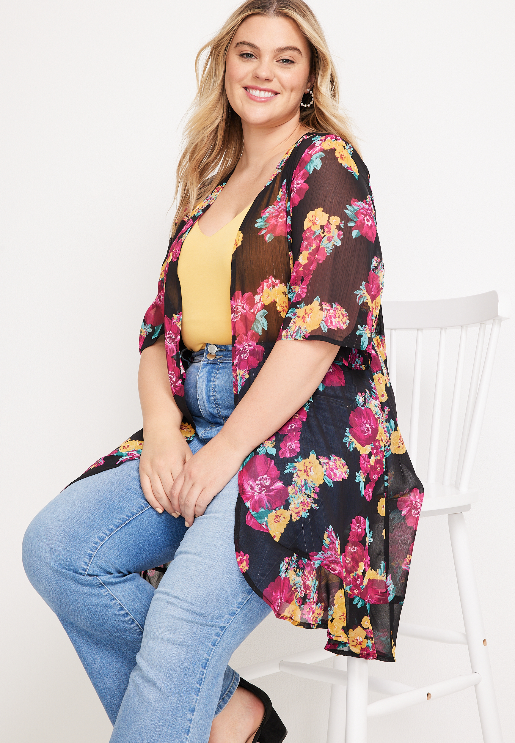 Plus Size Floral Ruffle Hem Kimono, C1756, large