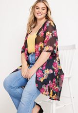 Plus Size Floral Ruffle Hem Kimono, C1756, small