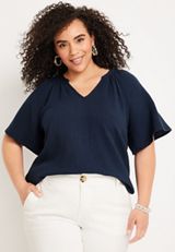 Plus Size Double Cloth Flutter Sleeve Blouse, C1919, small
