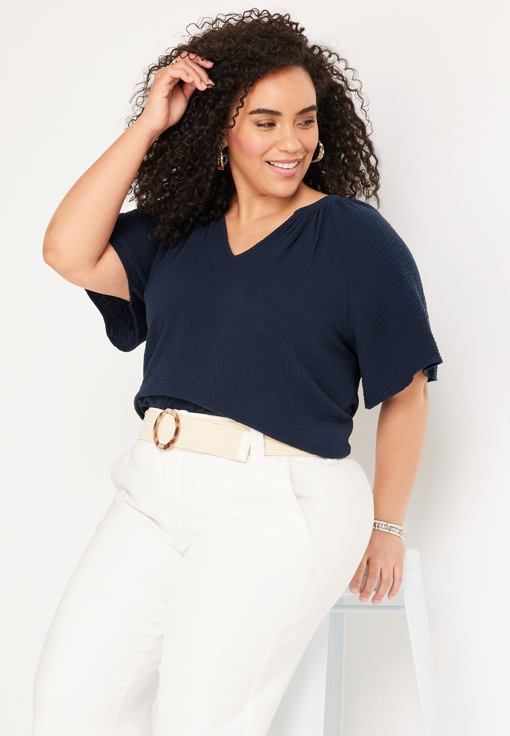 Plus Size Double Cloth Flutter Sleeve Blouse, C1919, large