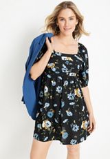 Black Floral Pleated Puff Sleeve Mini Dress, BLACK COMBO, small