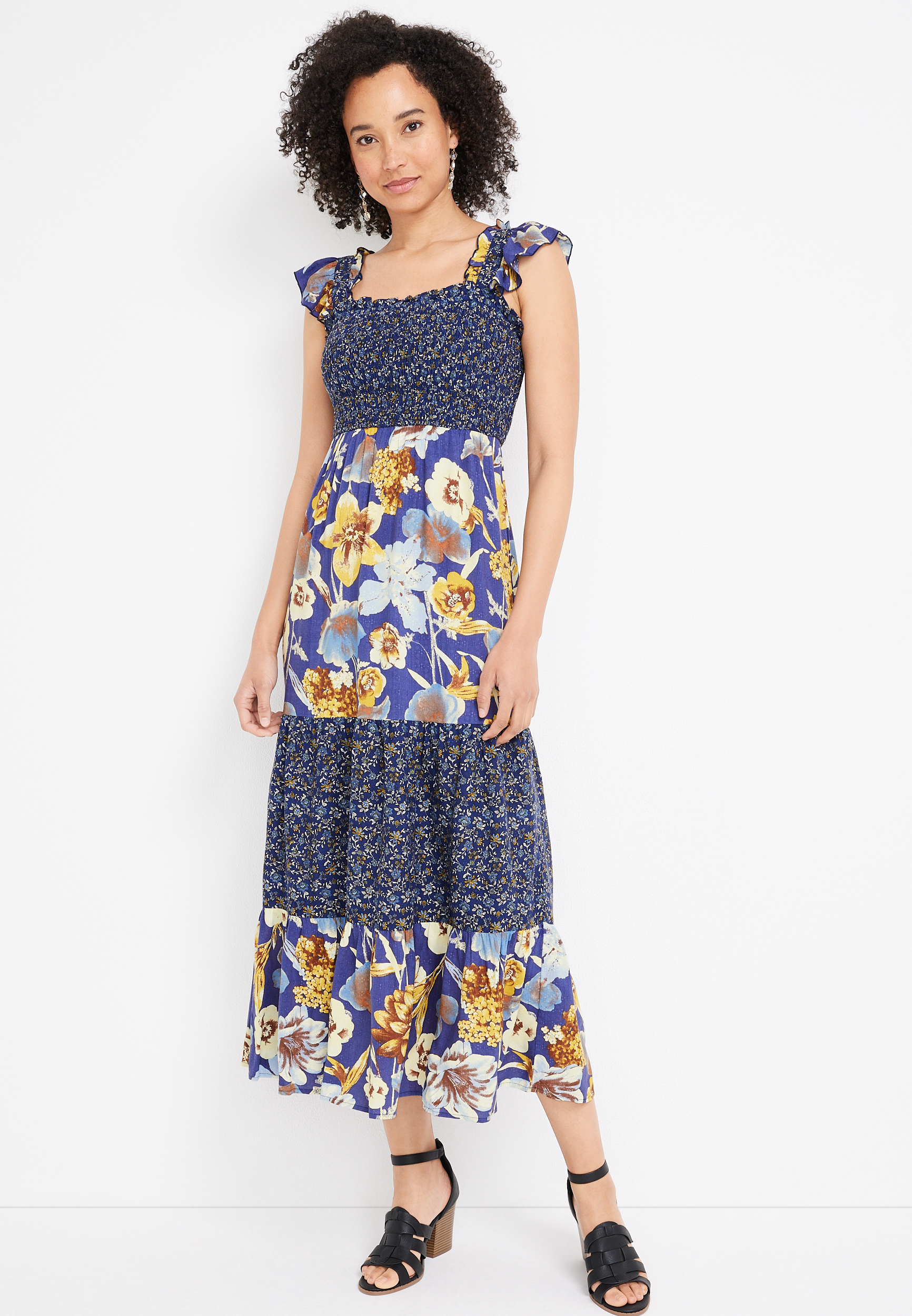 Blue Floral Smocked Midi Dress | maurices