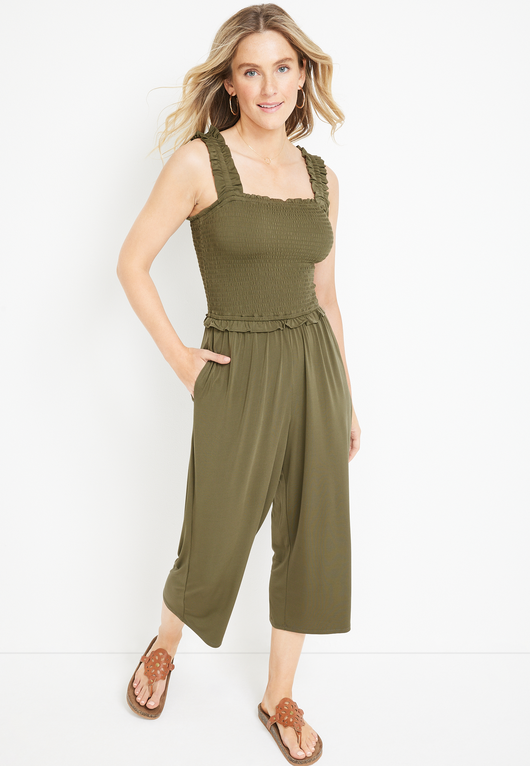 24/7 Solid Smocked Jumpsuit