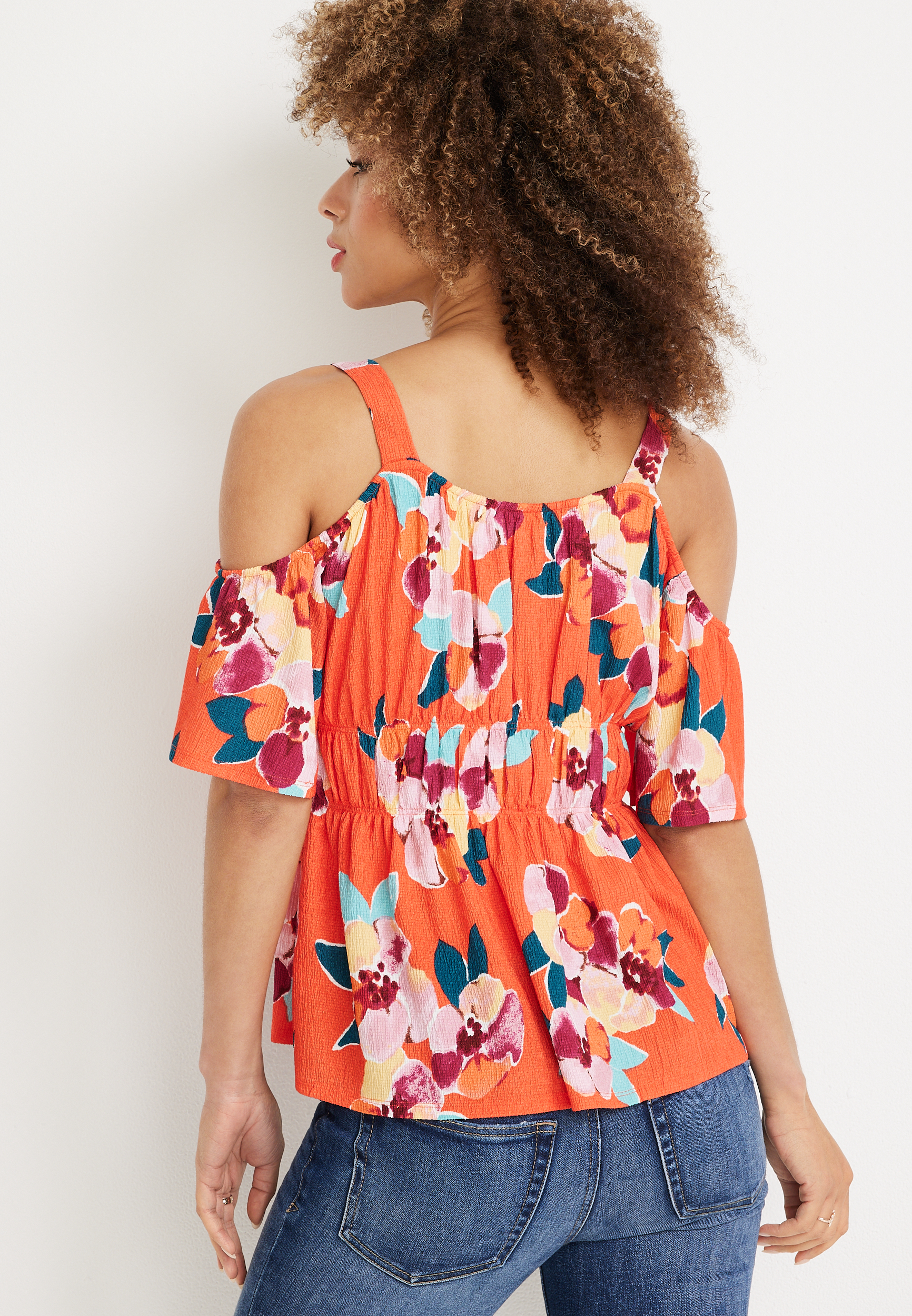 Floral Cold Shoulder Peplum Top, C8015, large