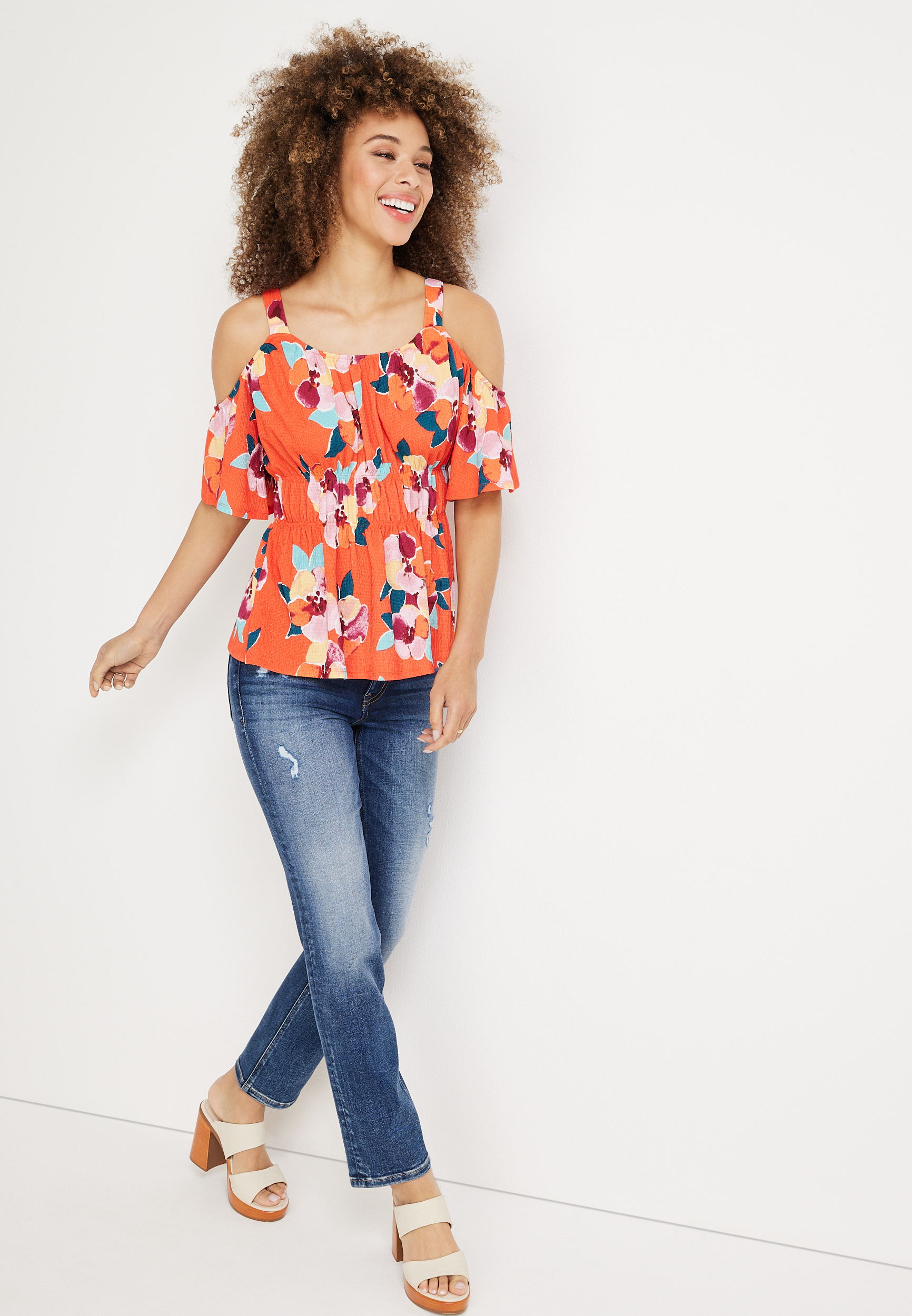 Floral Cold Shoulder Peplum Top, C8015, large