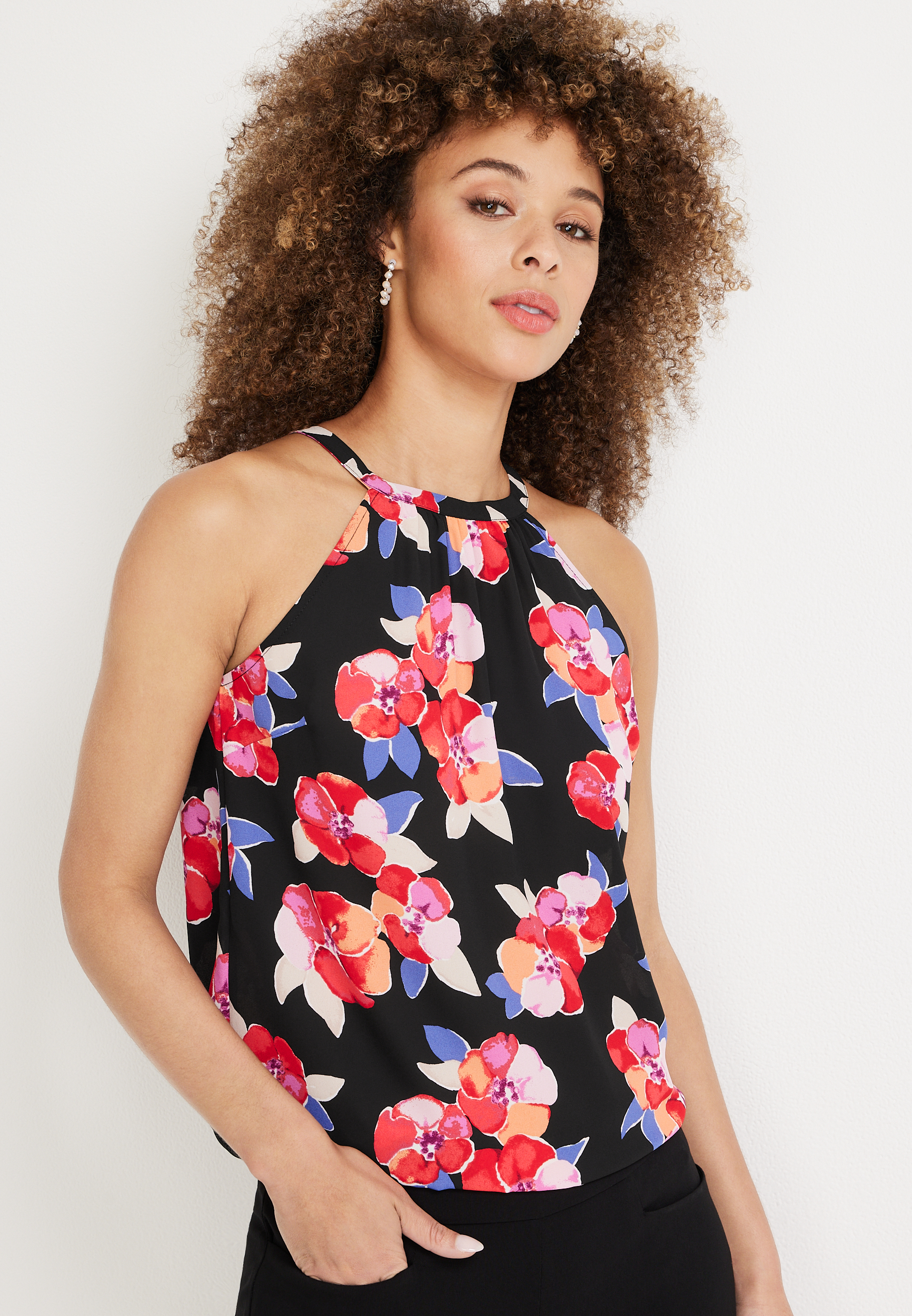Floral Pleated Halter Neck Tank Top | maurices