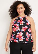 Plus Size Floral Pleated Halter Neck Tank Top, C1524, small
