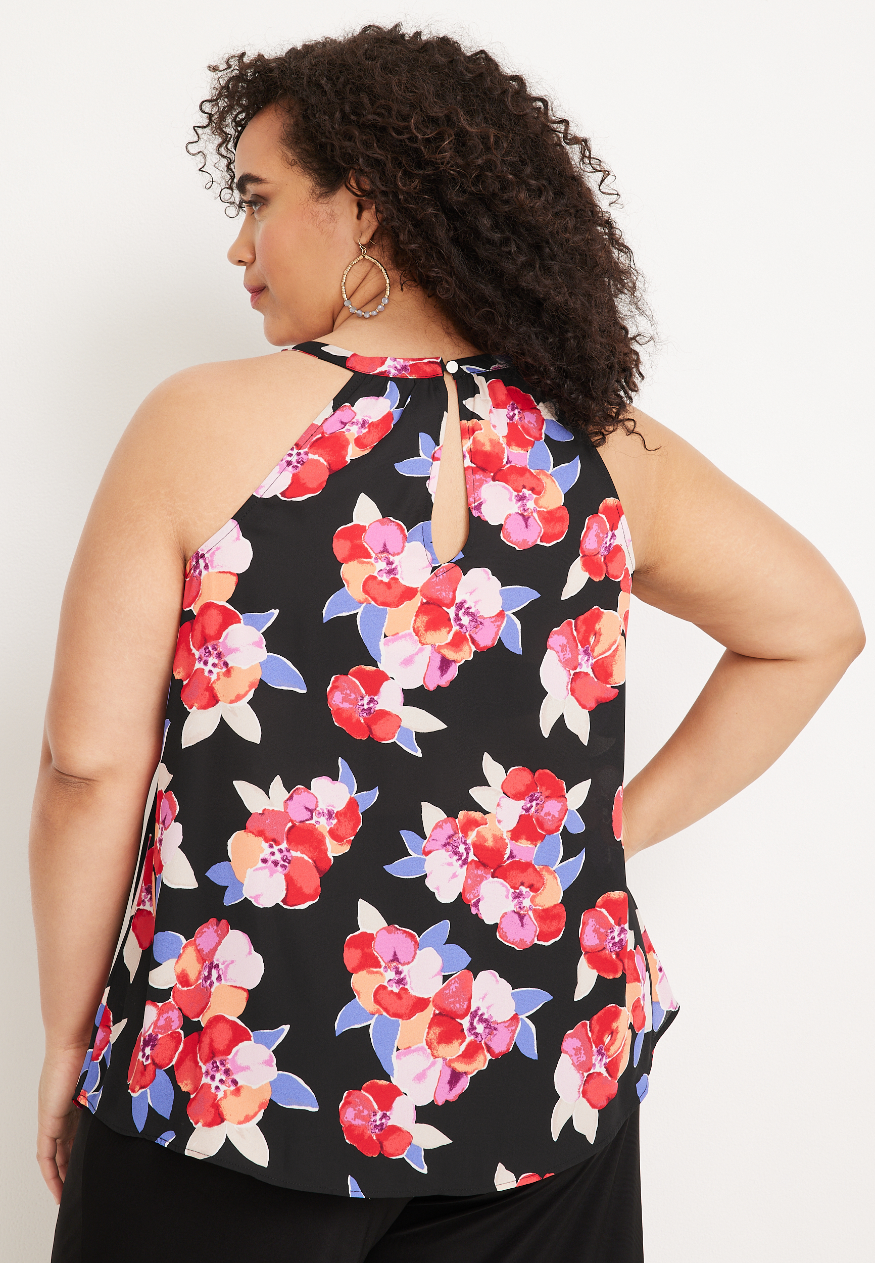 Plus Size Floral Pleated Halter Neck Tank Top, C1524, large