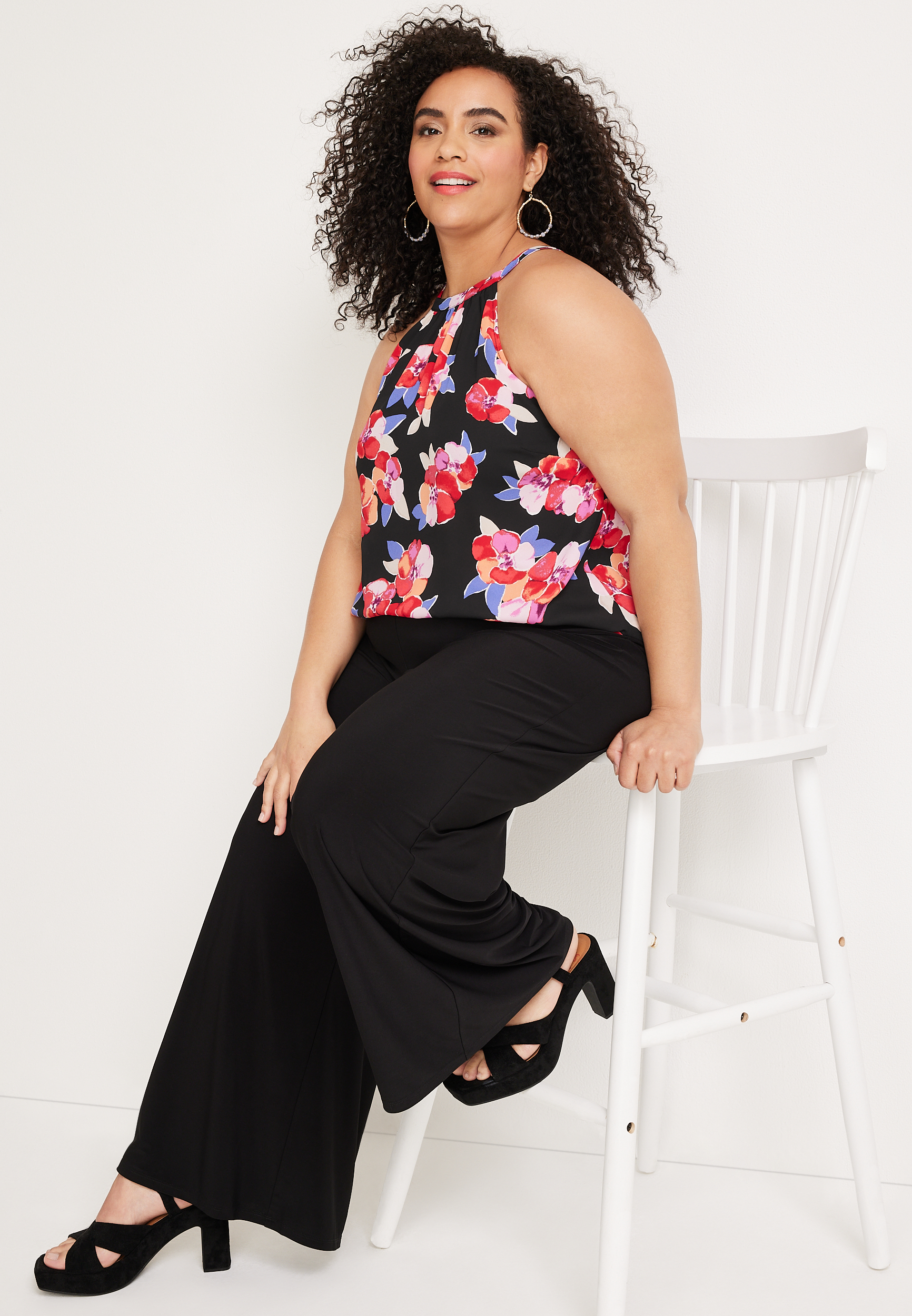 Plus Size Floral Pleated Halter Neck Tank Top, C1524, large