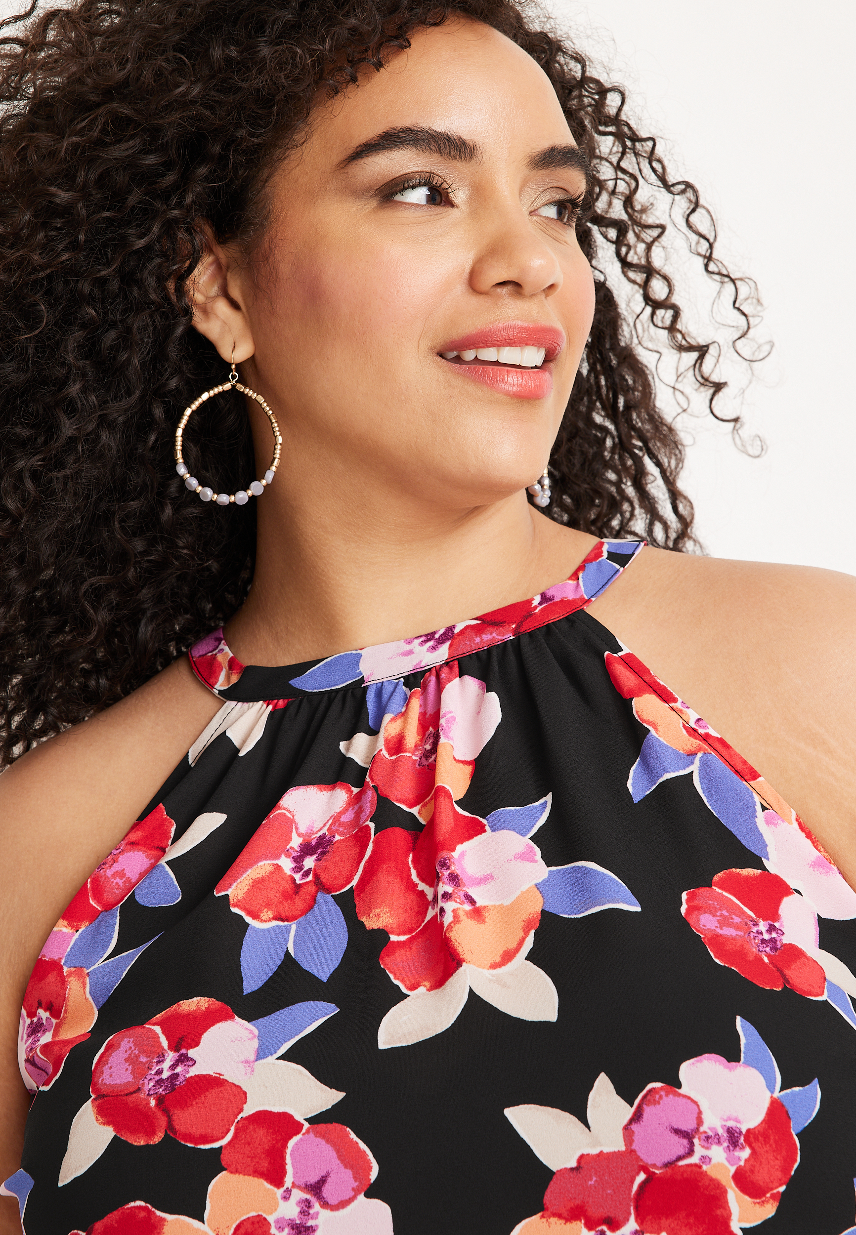 Plus Size Floral Pleated Halter Neck Tank Top, C1524, large