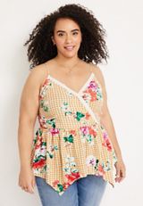 Plus Size Gingham Floral Peplum Cami, C2404, small