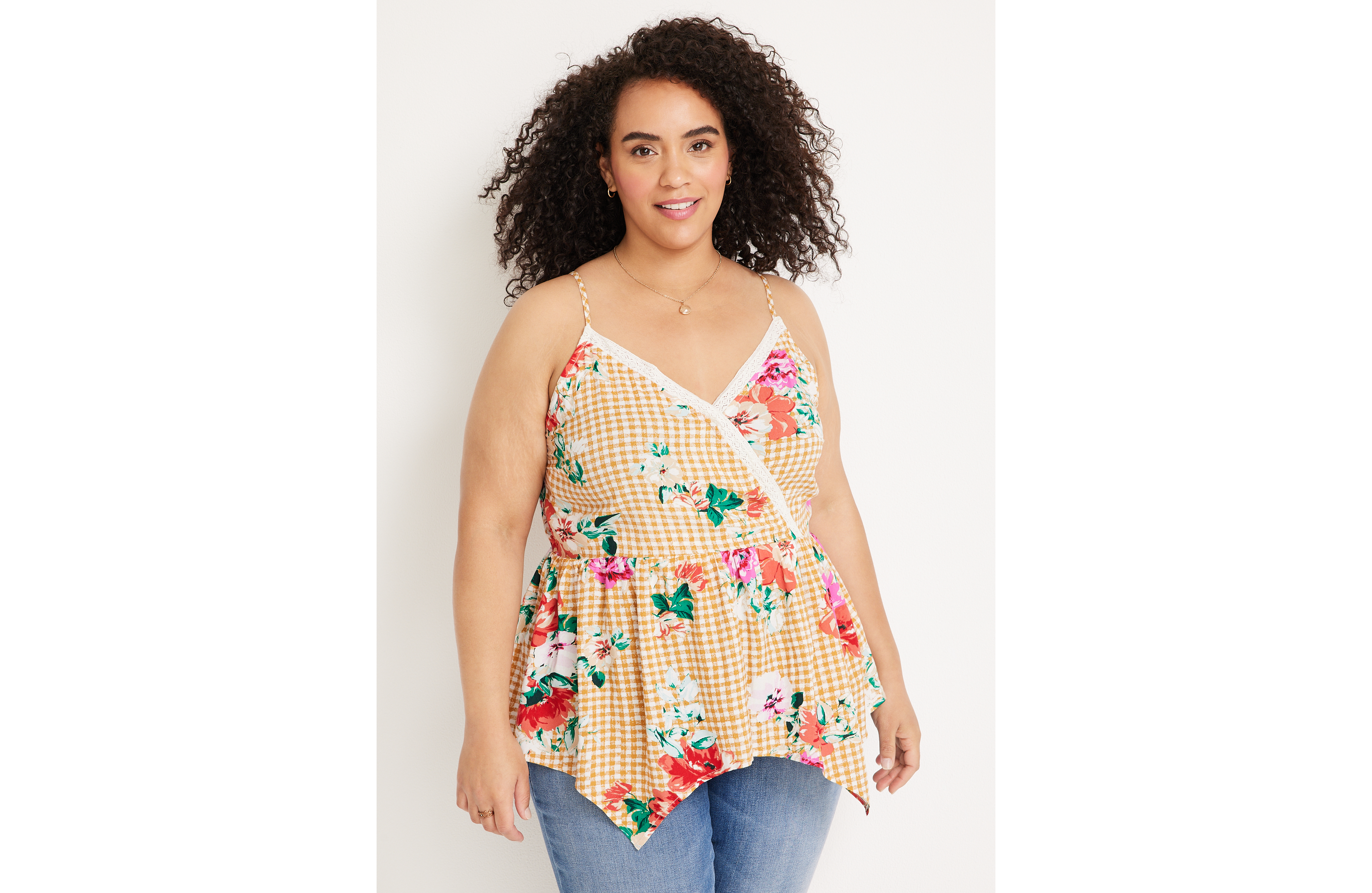 Plus Size Gingham Floral Peplum Cami