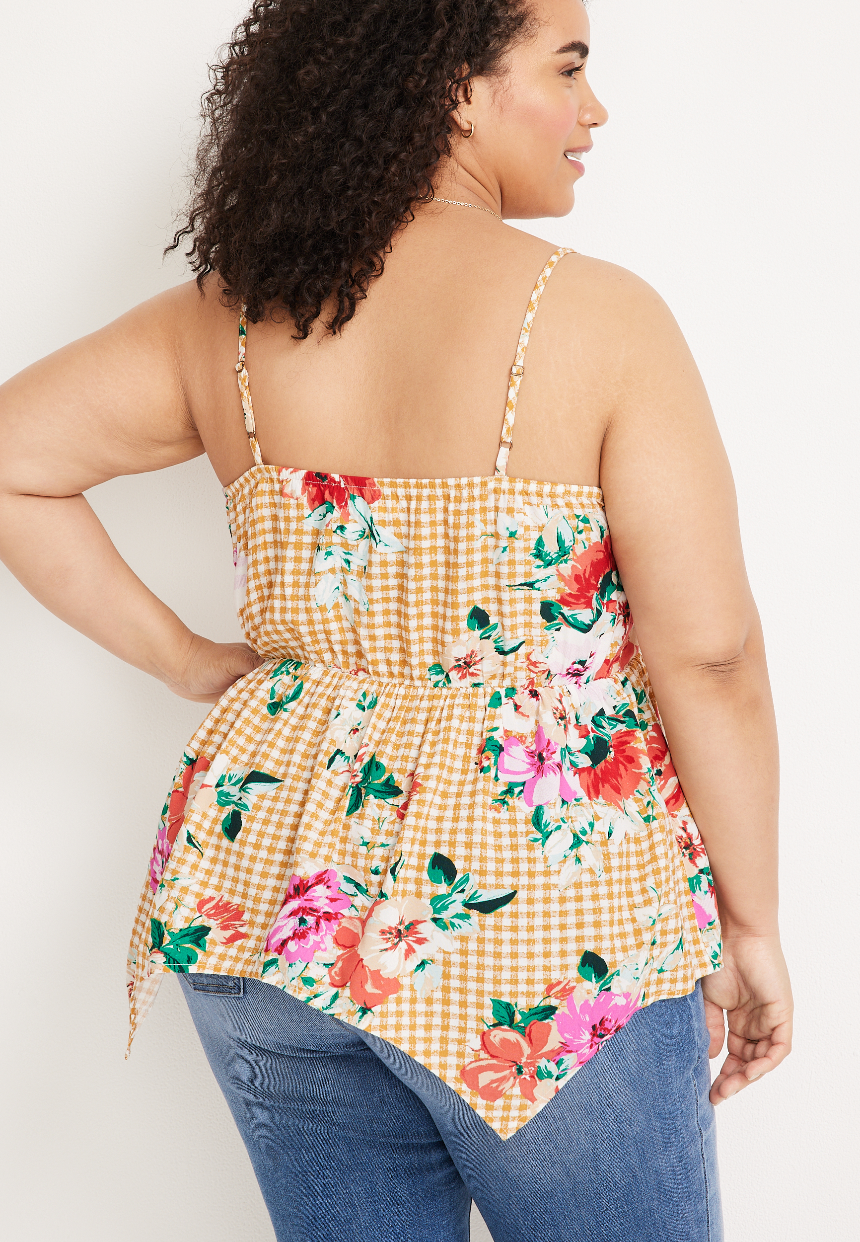 Plus Size Gingham Floral Peplum Cami, C2404, large