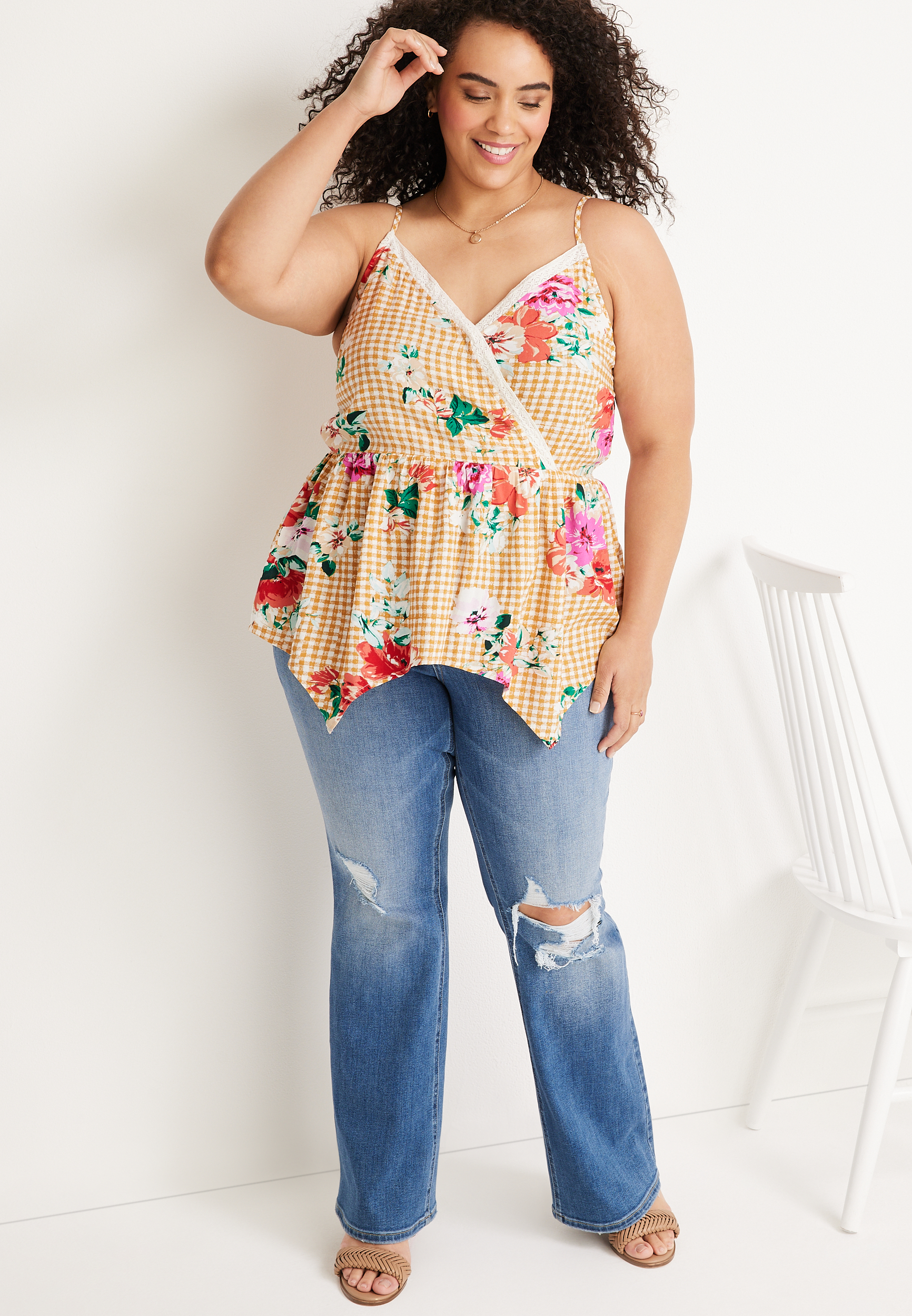 Plus Size Gingham Floral Peplum Cami, C2404, large