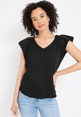 Flutter Sleeve V Neck Blouse, BLACK, small