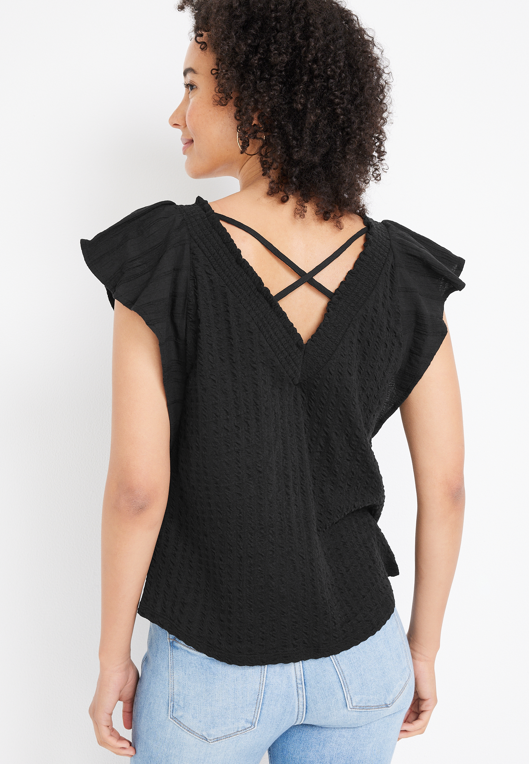 Flutter Sleeve V Neck Blouse, BLACK, large