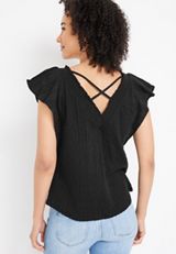 Flutter Sleeve V Neck Blouse, BLACK, small