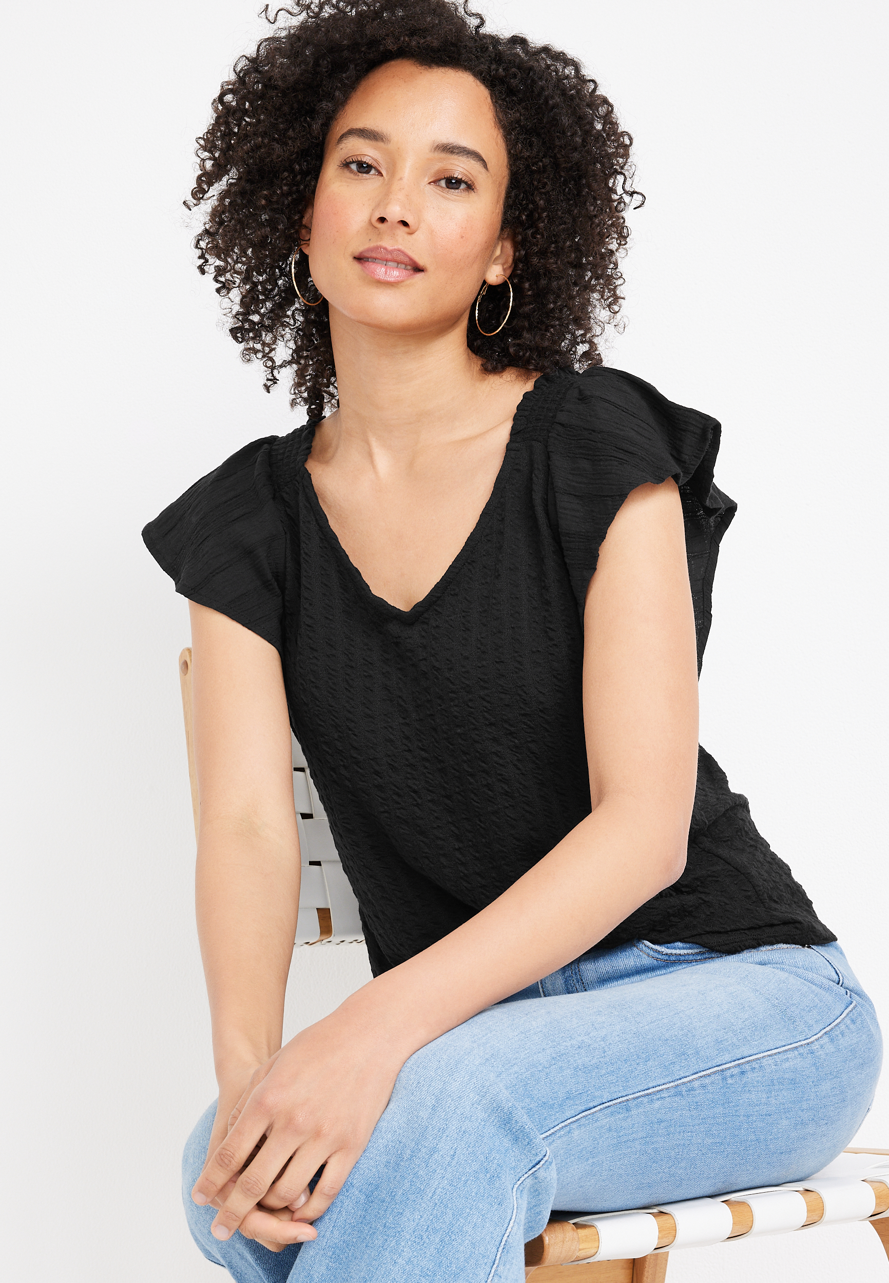 Flutter Sleeve V Neck Blouse, BLACK, large