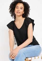 Flutter Sleeve V Neck Blouse, BLACK, small