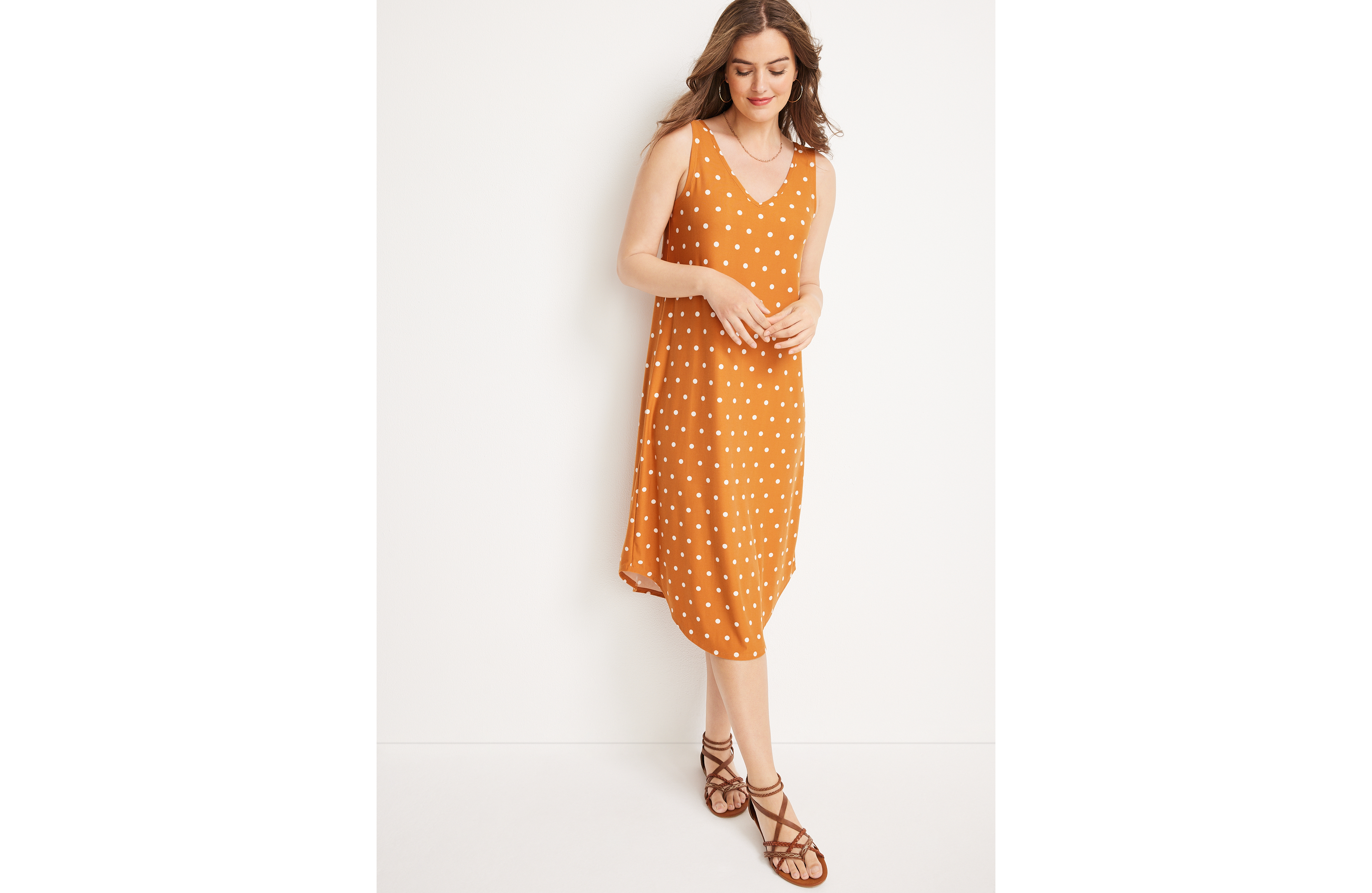 24/7 Polka Dot V Neck Midi Dress