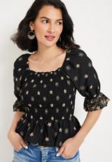 edgely&trade; Black Embroidered Floral Smocked Peplum Top, BLACK COMBO, small