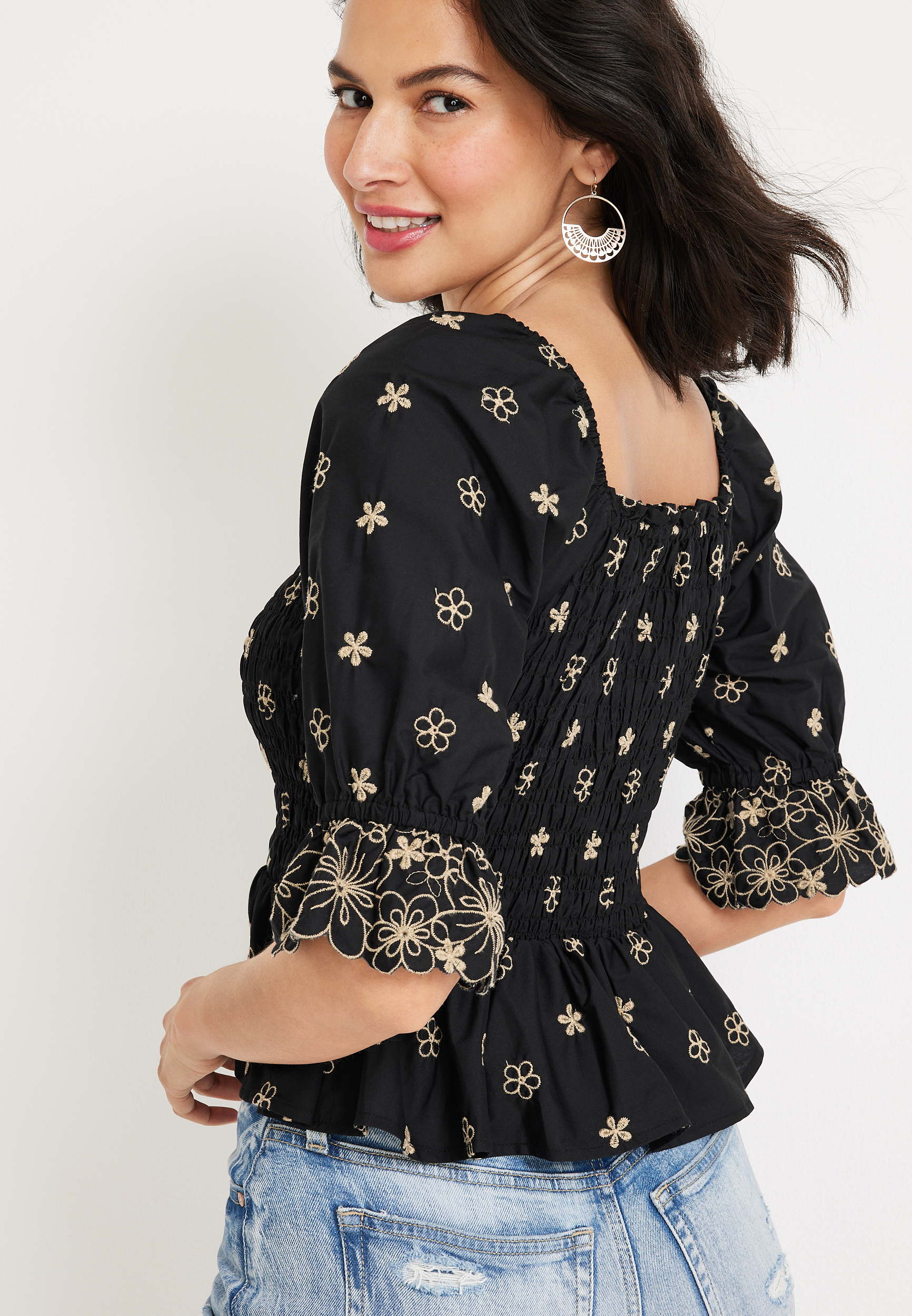 edgely&trade; Black Embroidered Floral Smocked Peplum Top, BLACK COMBO, large