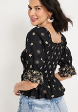 edgely&trade; Black Embroidered Floral Smocked Peplum Top, BLACK COMBO, small