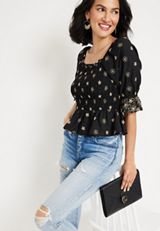 edgely&trade; Black Embroidered Floral Smocked Peplum Top, BLACK COMBO, small