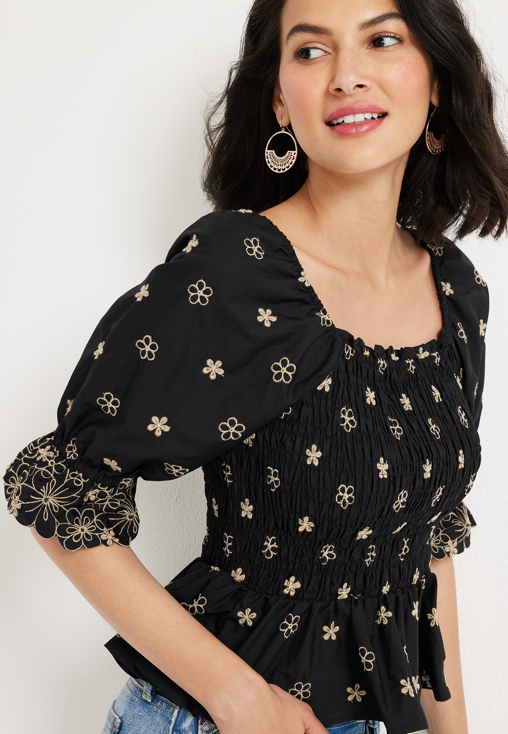 edgely&trade; Black Embroidered Floral Smocked Peplum Top, BLACK COMBO, large