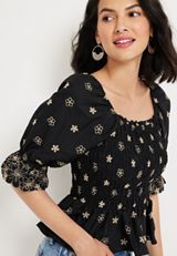 edgely&trade; Black Embroidered Floral Smocked Peplum Top, BLACK COMBO, small