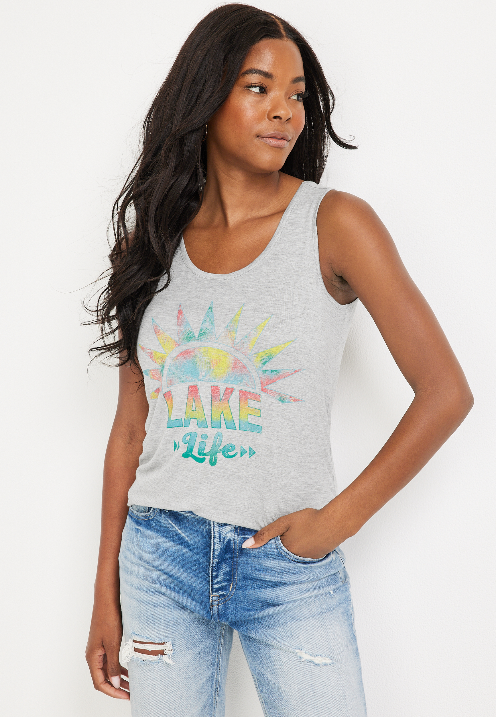 Lake Life Graphic Tank, LIGHT HEATHER GRAY, large