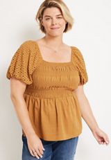 Plus Size Eyelet Puff Sleeve Blouse, C9227, small