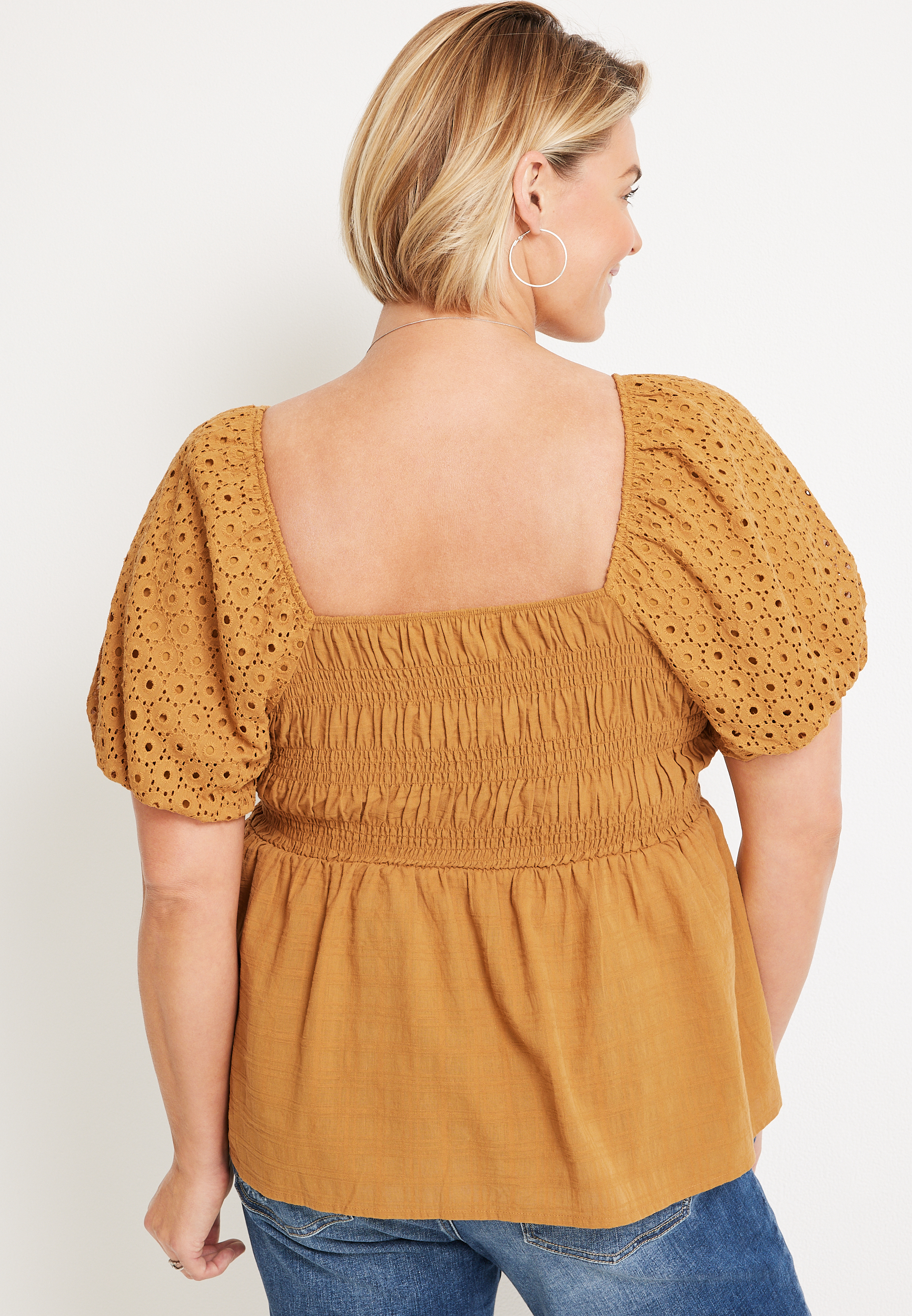 Plus Size Eyelet Puff Sleeve Blouse, C9227, large