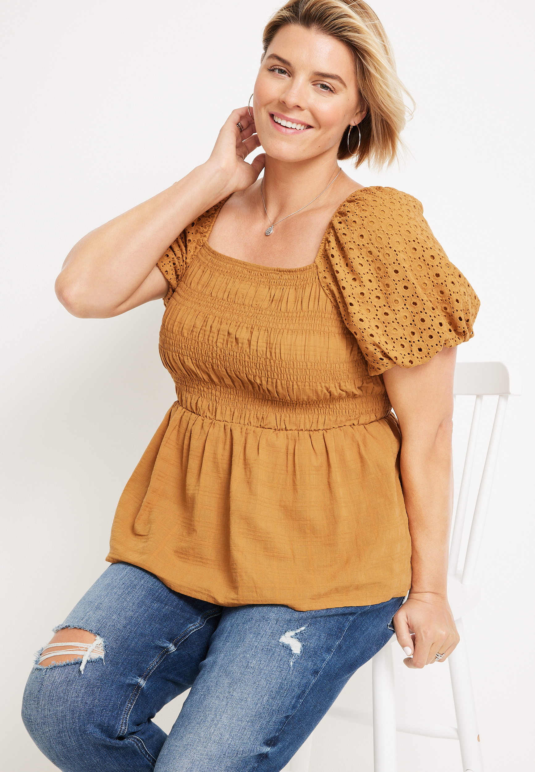 Plus Size Eyelet Puff Sleeve Blouse, C9227, large