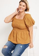 Plus Size Eyelet Puff Sleeve Blouse, C9227, small