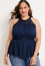 Plus Size Crochet High Neck Peplum Tank, C1919, small