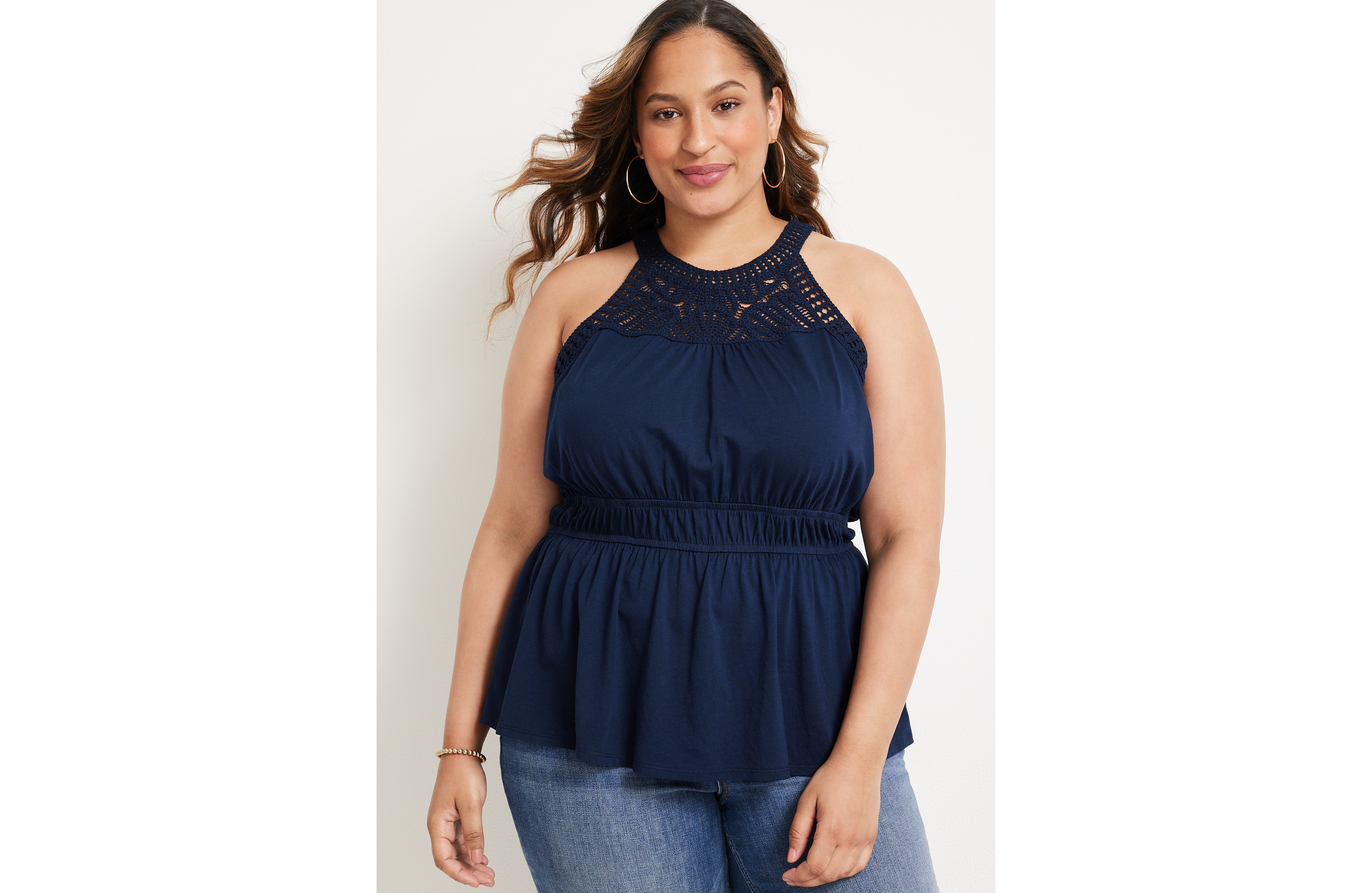 Plus Crochet High Neck Peplum Tank