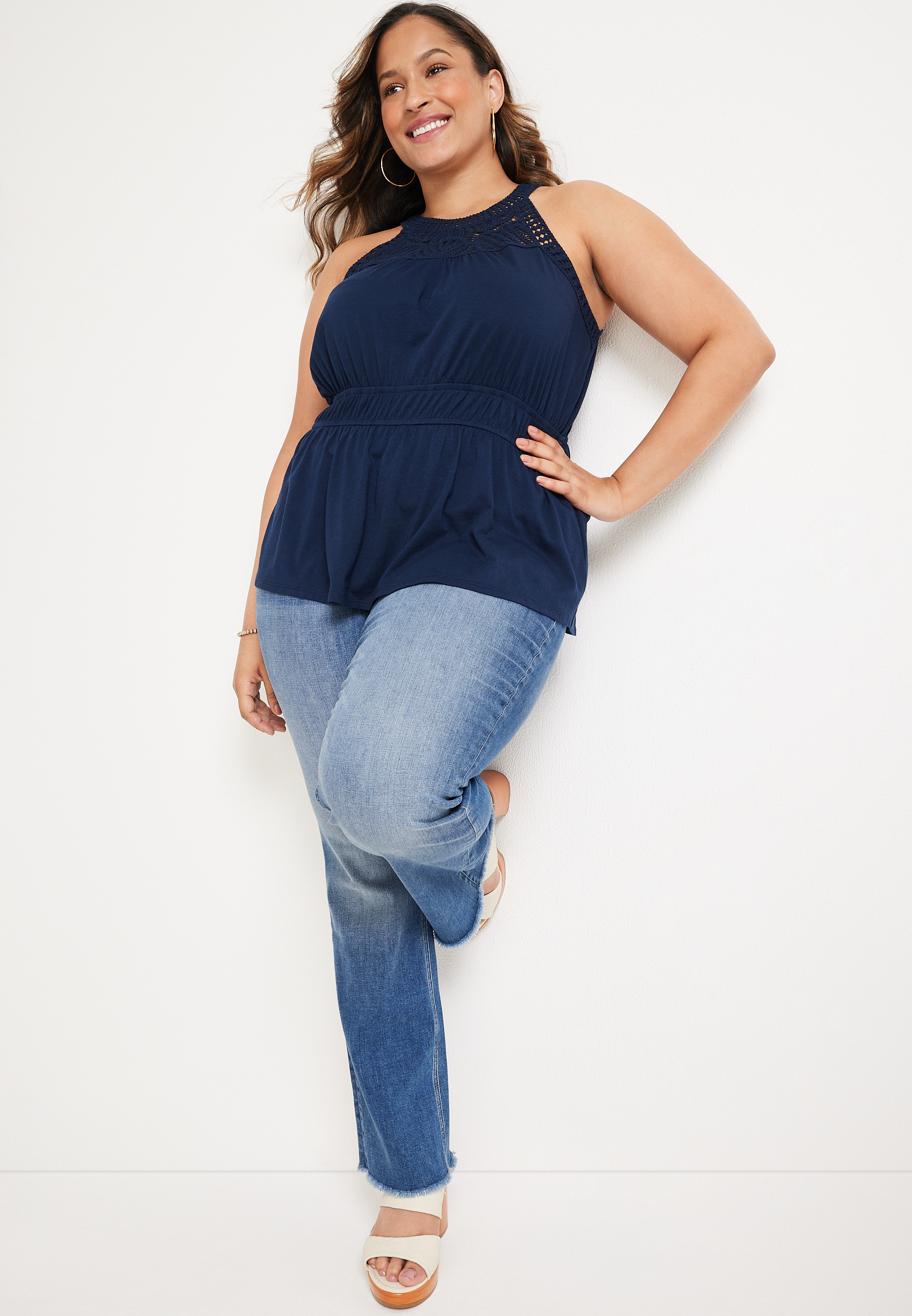 Plus Size Crochet High Neck Peplum Tank, C1919, large