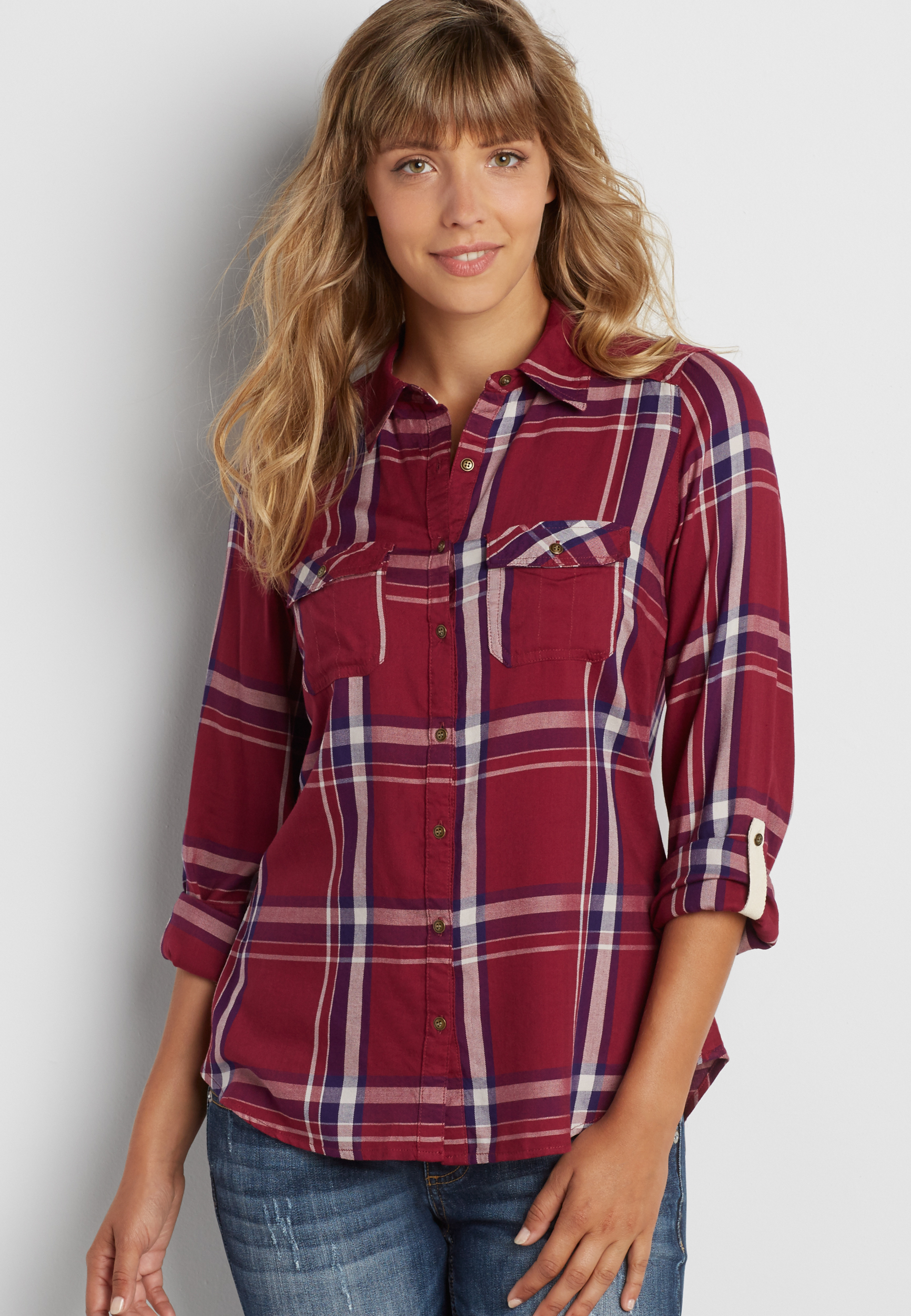 button down plaid shirt in rose petal red | maurices