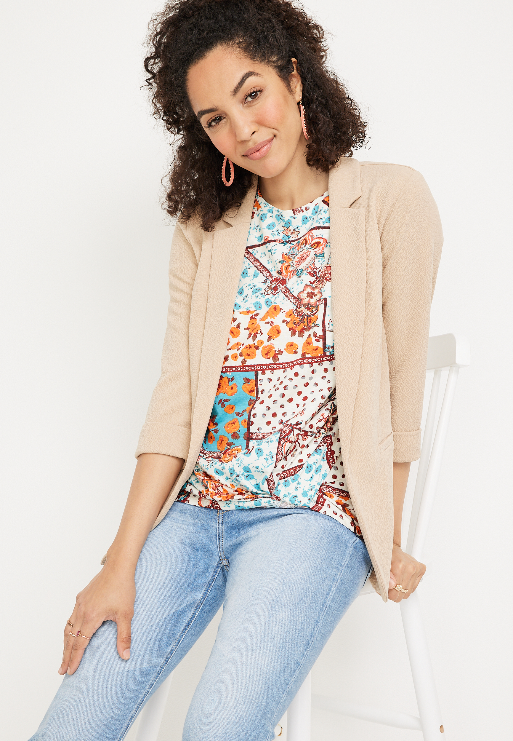 24/7 Austin Patchwork Knot Hem Tee, , large