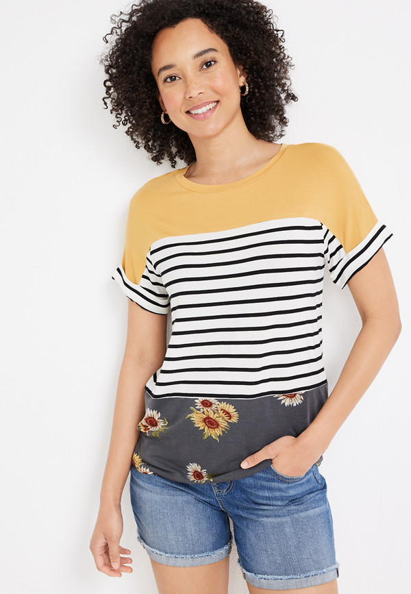 24/7 Flawless Floral Striped Colorblock Dolman Tee | maurices