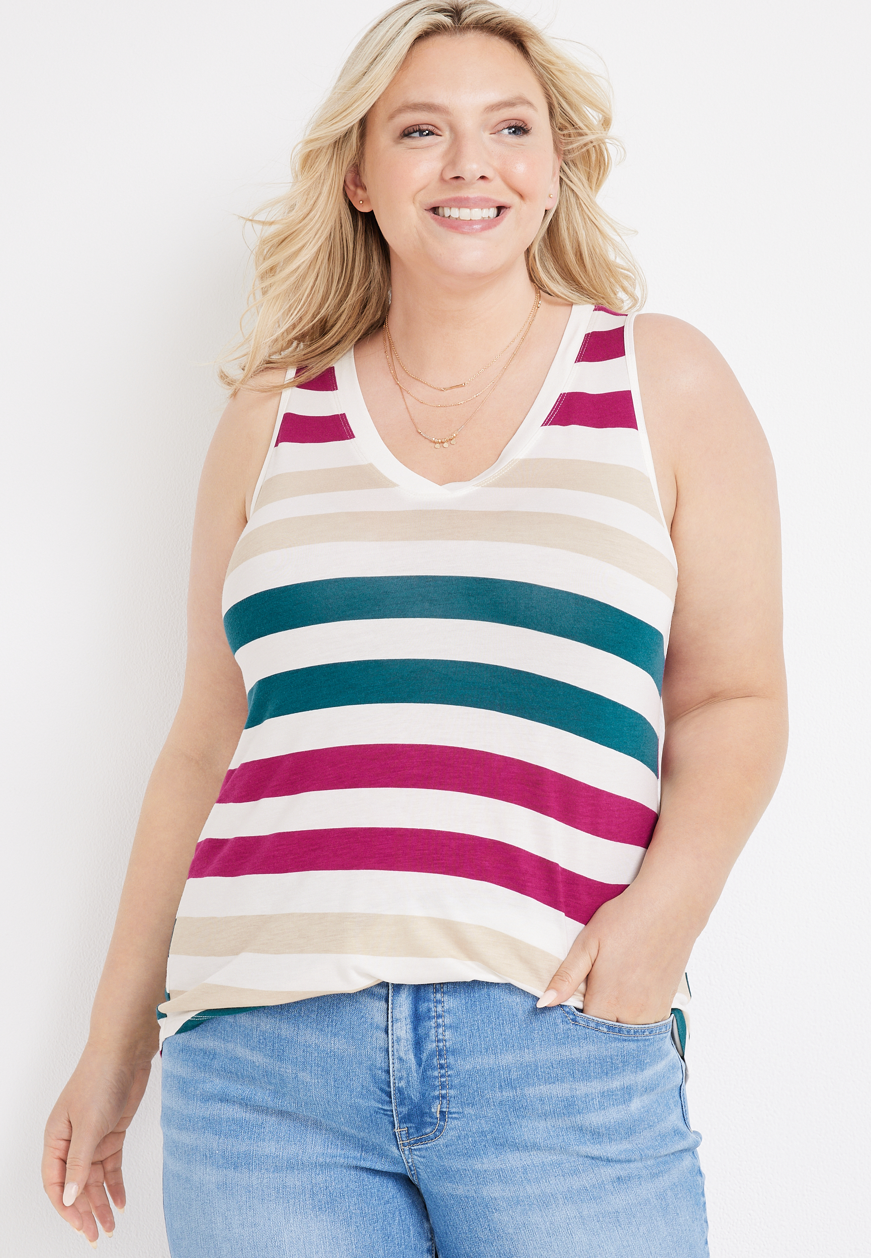Plus Size 24/7 Mara Striped V Neck Tank Top | maurices
