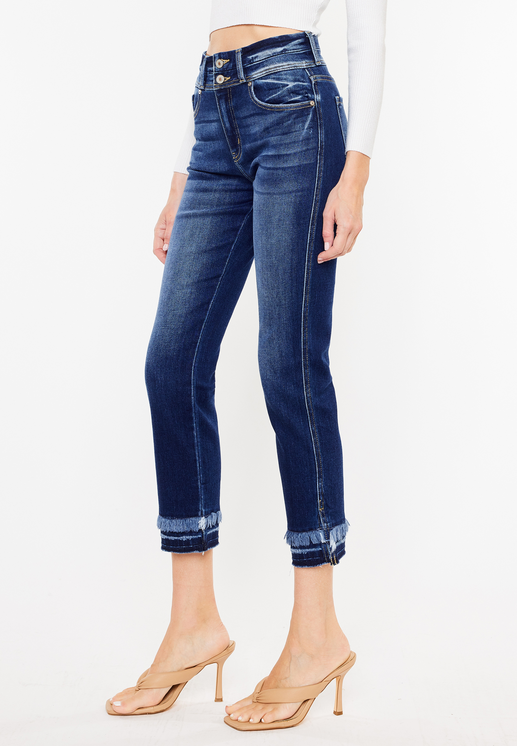 KanCan&trade; Straight Ankle High Rise Ripped Jean, DARK SANDBLAST, large